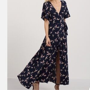 Like New Navy Wrap Maxi Dress With Birds Design Short Sleeves Size XS